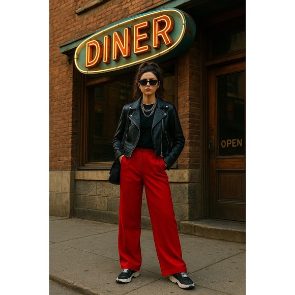 Vintage 90s Red Wide Leg High Rise Pleated Trousers Pants Requirements Size 16 - Picture 1 of 11